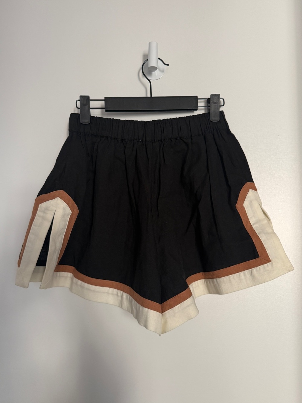 Caroline Constas Linen Black Shorts with Cream & Brown Trim